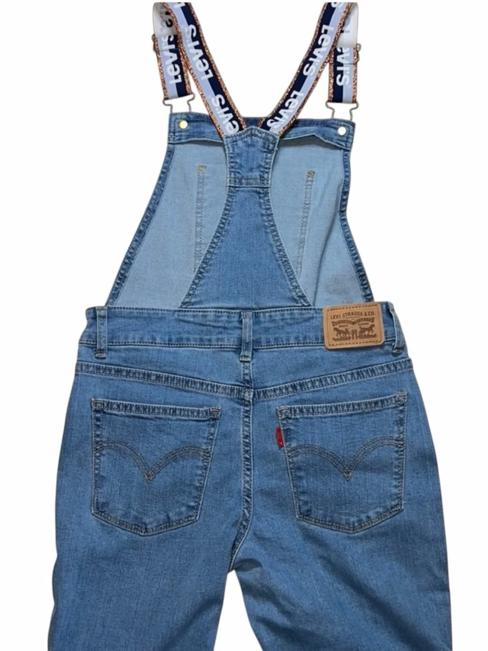 Levi’s Kids Denim Overalls Girls Size 12 Blue Stretch Bootcut Logo Strap - Picture 7 of 10